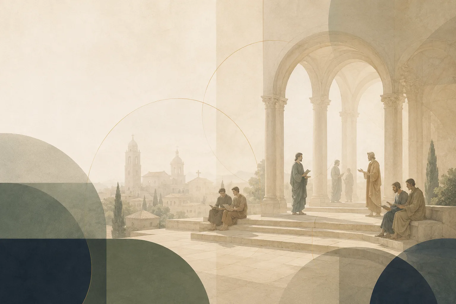 Classical academic courtyard with students in dialogue